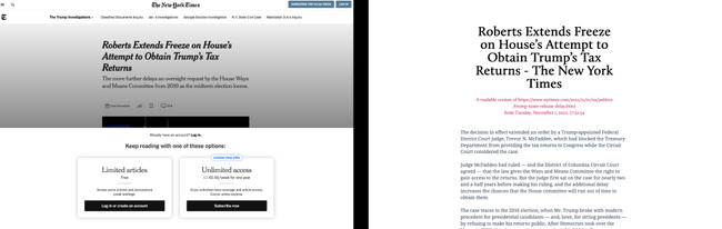 New York Times website (left) vs reader mode (right)