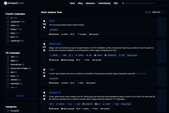 Tools page of analysis-tools.dev