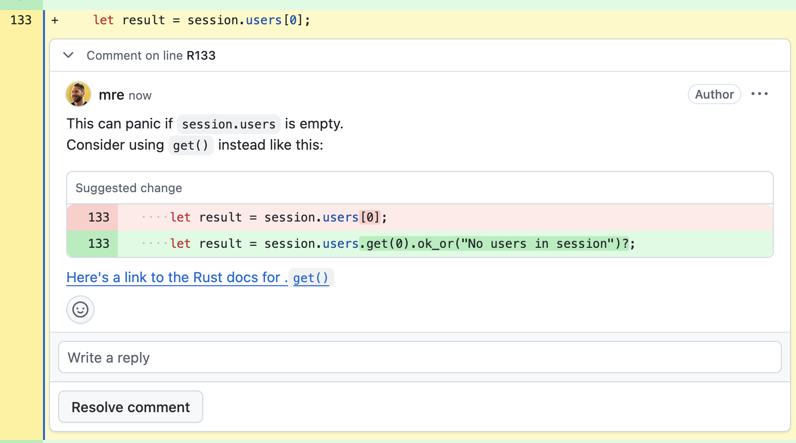 A code review comment explaining the reasoning behind rejecting the change by providing a helpful alternative and a link to the docs